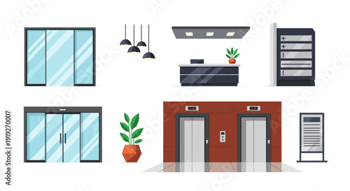 Modern office interiors with elevators and reception in flat design