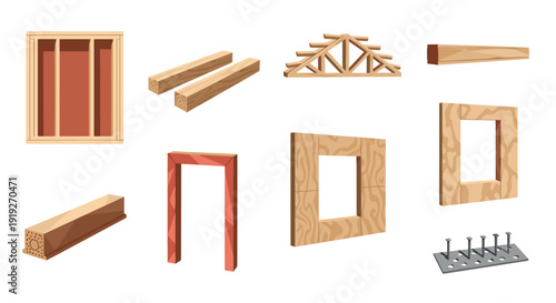 Wooden construction elements set: beams, frames, trusses, tools
