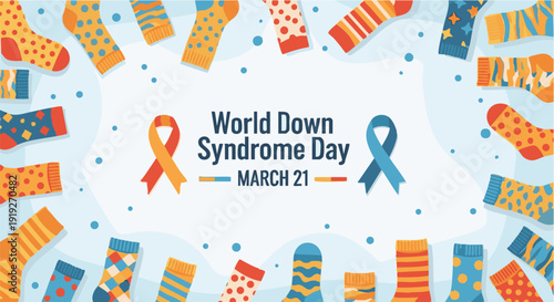 World Down Syndrome Day illustration with colorful socks and ribbons in playful vibrant colors for awareness campaign