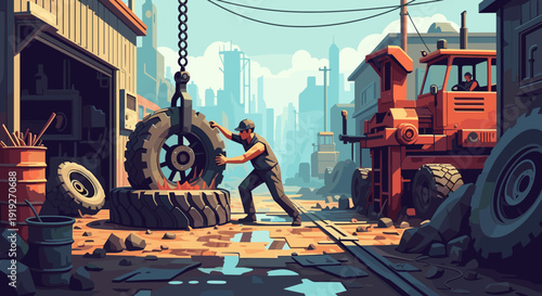 Industrial scene with workers and heavy machinery in a dynamic urban setting