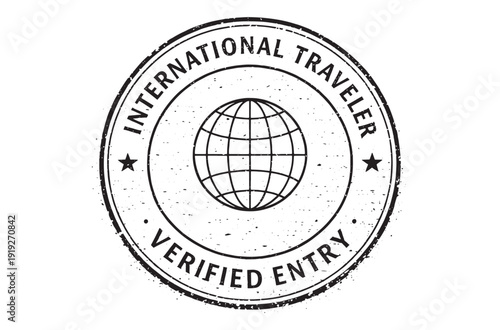 Black distressed circular stamp icon indicating verified entry for an international traveler across the globe