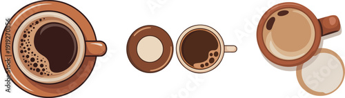 Three coffee cups viewed from above with brown and beige colors