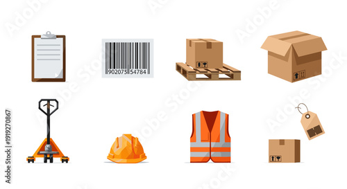Warehouse essentials: packaging, safety gear, and logistics elements collection