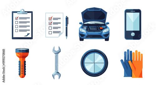 Car maintenance essentials: tools, checklist, smartphone, flashlight, wrench, tire, gloves