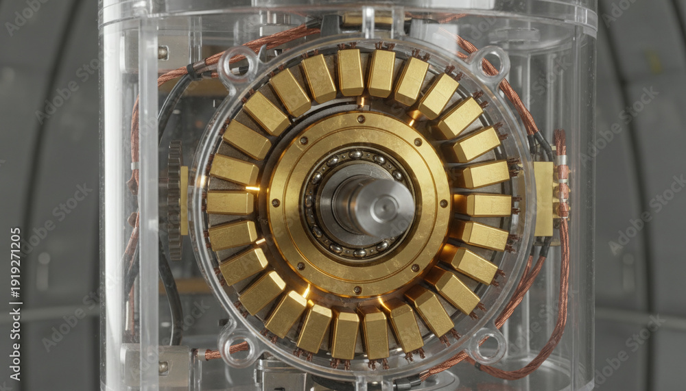 Fototapeta premium Electrical slip ring mechanism with gold brushes contacting rotating rings