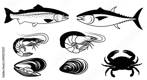 Seafood Assortment: Salmon, Tuna, Shrimp, Mussels, Crab, Vector Icons