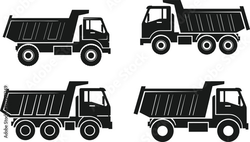 Dump truck vector silhouette set, heavy duty construction vehicles side view collection, black and white industrial transport illustration isolated