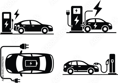 Electric vehicle charging station vector icon set, EV car plug in power supply symbols, black and white sustainable transport illustration