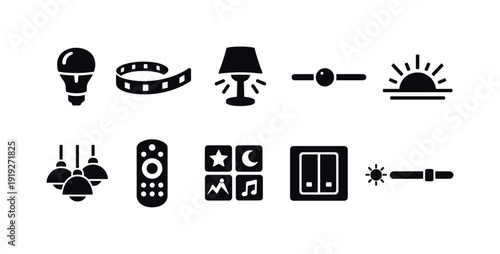 Smart home control solid icon set. Lighting and automation symbols collection