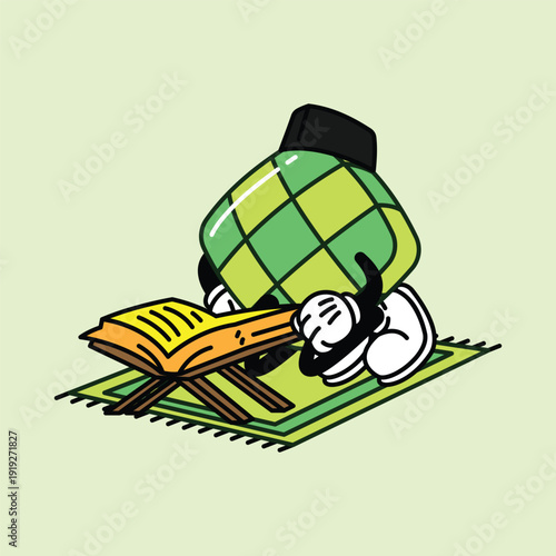 Cute Ketupat Character Reading Quran. Ketupat Retro Mascot Cartoon Character.