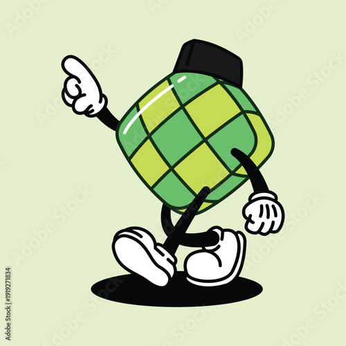 Ketupat Character Dancing with a Songkok Hat. Ketupat Retro Mascot Cartoon Character.