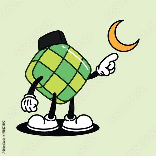 Cute Ketupat Character Pointing at Crescent Moon. Ketupat Retro Mascot Cartoon Character.