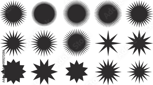 Black starburst and sunburst shapes mega collection, spiky radial burst badges and decorative explosion elements isolated on white background, vector illustration