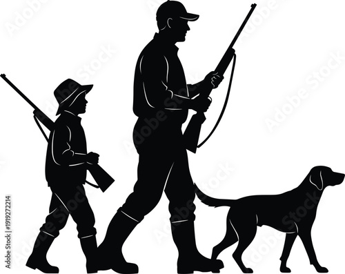 Father and son hunters silhouette vector illustration, man and boy with rifles walking dog isolated black white outdoor hunting scene