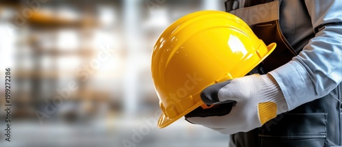 Worker holding bright yellow safety helmet in hands against blurred construction site background. Horizontal banner with copy space for text, building industry and workplace safety concept
