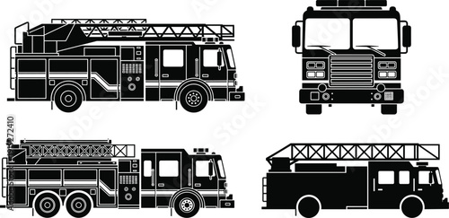 Fire truck ladder vehicle vector illustration set, side and front views, detailed emergency rescue transport silhouette isolated on white background