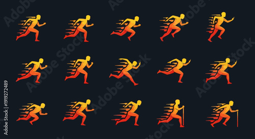 Flaming running athlete icon set featuring stylized fire trail motion characters in bold flat vector style, energetic sprint and speed concept illustration, editable vector sports performance graphics