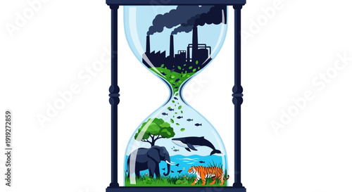Modern flat illustration of an hourglass with industrial and natural elements, symbolizing sustainable wildlife tourism and eco conservation.
