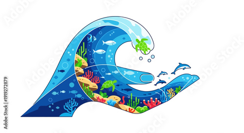 A colorful illustration of a hand cradling a wave with marine life and a coral reef, symbolizing sustainable wildlife tourism and eco conservation.