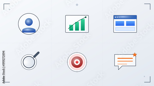 Set of business and marketing icons including user profile growth chart web browser magnifying glass target and message bubble