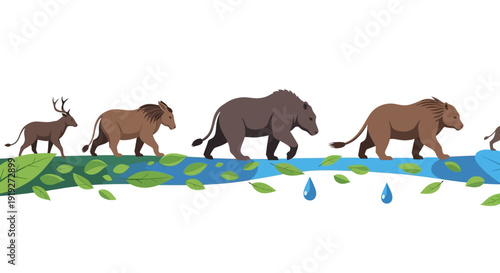 A colorful illustration of various animals walking along a riverbank with lush greenery and a globe in the background, promoting eco tourism and conservation in a modern, minimal flat