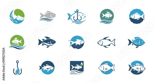 Collection of stylized fish and fishing hook icons.
