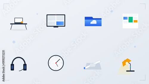 Collection of business productivity and workspace icons featuring computer equipment time management tools and digital storage symbols