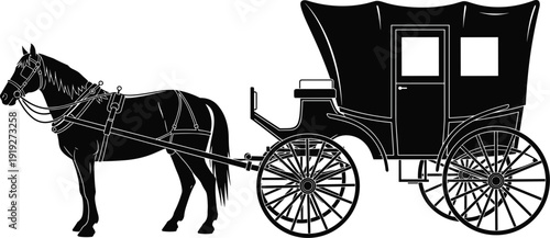 Horse drawn carriage vector silhouette illustration, vintage buggy wagon with harnessed horse and classic transport coach, black and white isolated design