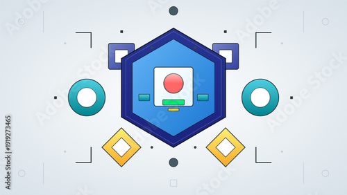 Abstract geometric composition with blue hexagon teal circles and yellow diamond shapes on light background