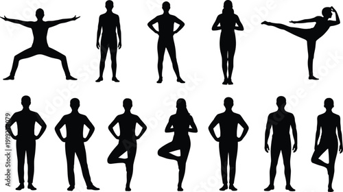 Yoga silhouettes illustration with standing poses, tree pose variations, fitness balance, exercise posture concept, black and white artwork design