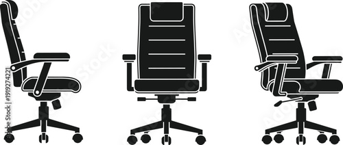 Office chair vector set, ergonomic swivel desk seat front and side views silhouette illustration isolated on white background