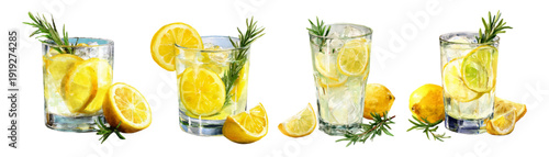 Watercolor collection of refreshing lemon drinks with ice, rosemary sprigs, and lemon slices, visualizing summer beverages, detoxification, and healthy lifestyle choices