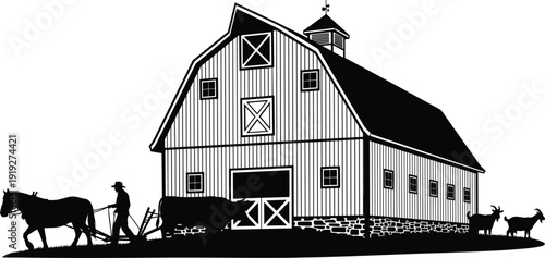 Rural farm barn silhouette vector illustration, countryside agricultural scene with farmer plowing field using horse and ox isolated black white design