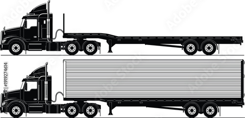 Semi truck tractor with flatbed and box trailer vector illustration, detailed side view commercial freight transport vehicle isolated on white background