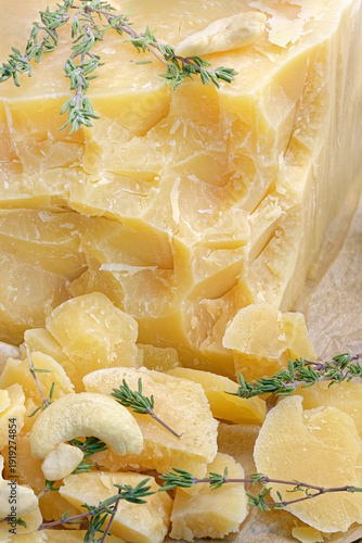 Large block of aged hard cheese