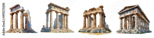 Ancient greek and roman temple ruins set with iconic columns and classical architecture. Featuring dilapidated historical structures in a painterly watercolor style