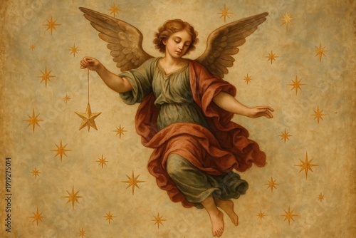 Celestial angel holding golden star background