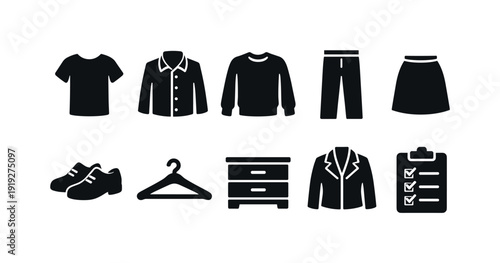 Clothing and wardrobe silhouette icon set. Fashion, apparel, closet organization icons.