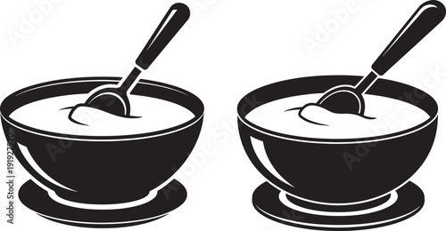Silhouette of two bowls of porridge and spoons set