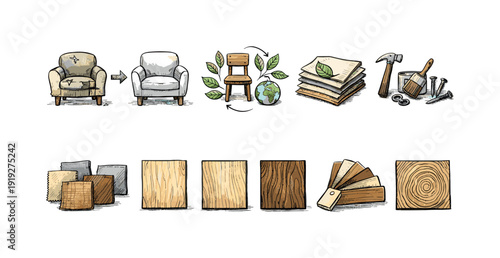 Recycling, eco-friendly furniture icon set. Sustainability, wood linear icons collection