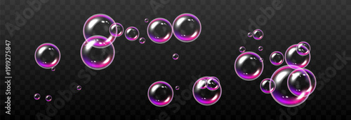 Realistic soap bubbles PNG. Flying soap bubbles on an isolated transparent background. Bubbles from foam or detergent.