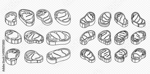 Set of various meat steak cuts in outline style, perfect for butchery, culinary, and food-related designs.