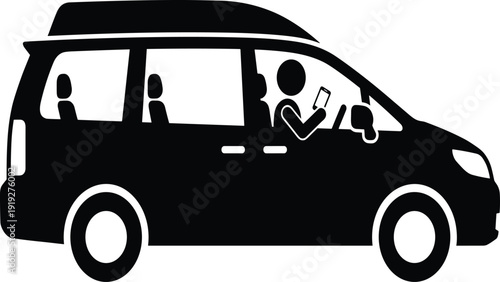 Black silhouette icon of a distracted driver using a smartphone while operating a passenger van vehicle, illustrating dangerous driving and road safety