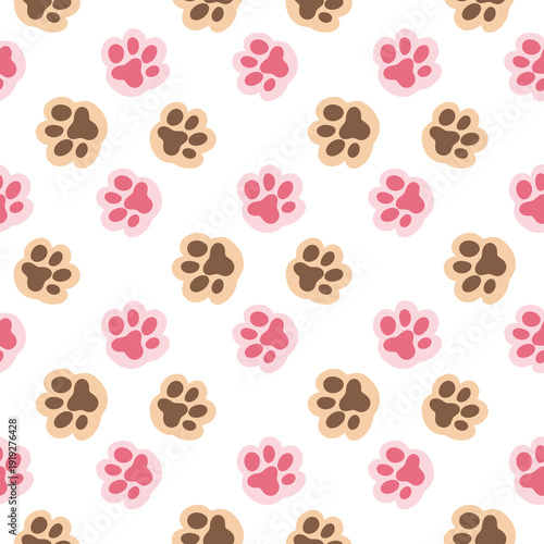 Pink and brown cute cat paws cartoon repeatable pattern. Pet themed backgrounds