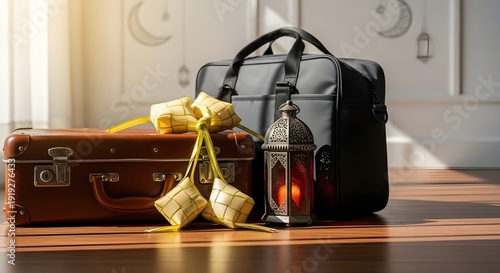 Eid homecoming concept with suitcase, Ramadan lantern and ketupat.