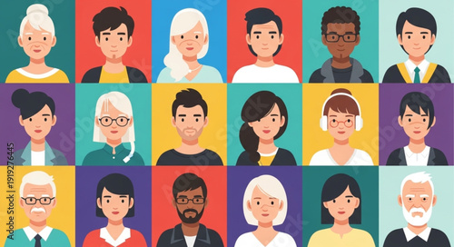 Diverse Group of People Portraits Flat Design Style.