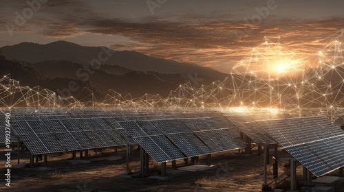 Rows of photovoltaic panels capture energy under a digital network overlay at sunset