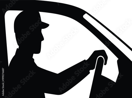 Black Silhouette Vector Illustration of a Male Driver or Chauffeur Wearing a Cap and Steering a Vehicle seen through a Car Window