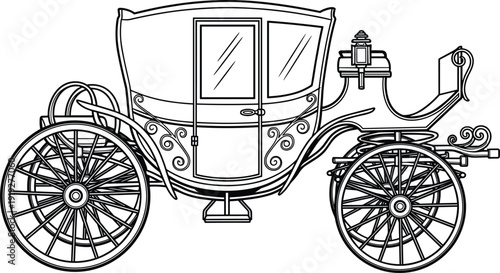 Vintage horse drawn carriage vector illustration, ornate royal coach with detailed wheels isolated black and white line art for historical transport design