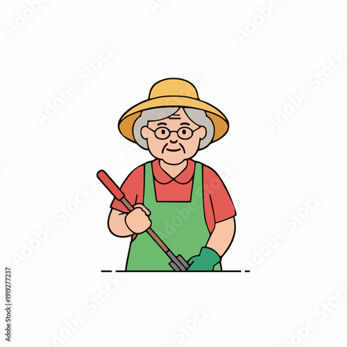 Elderly Woman Gardener with Hat and Apron Holding a Trowel Engaged in Outdoor Activity